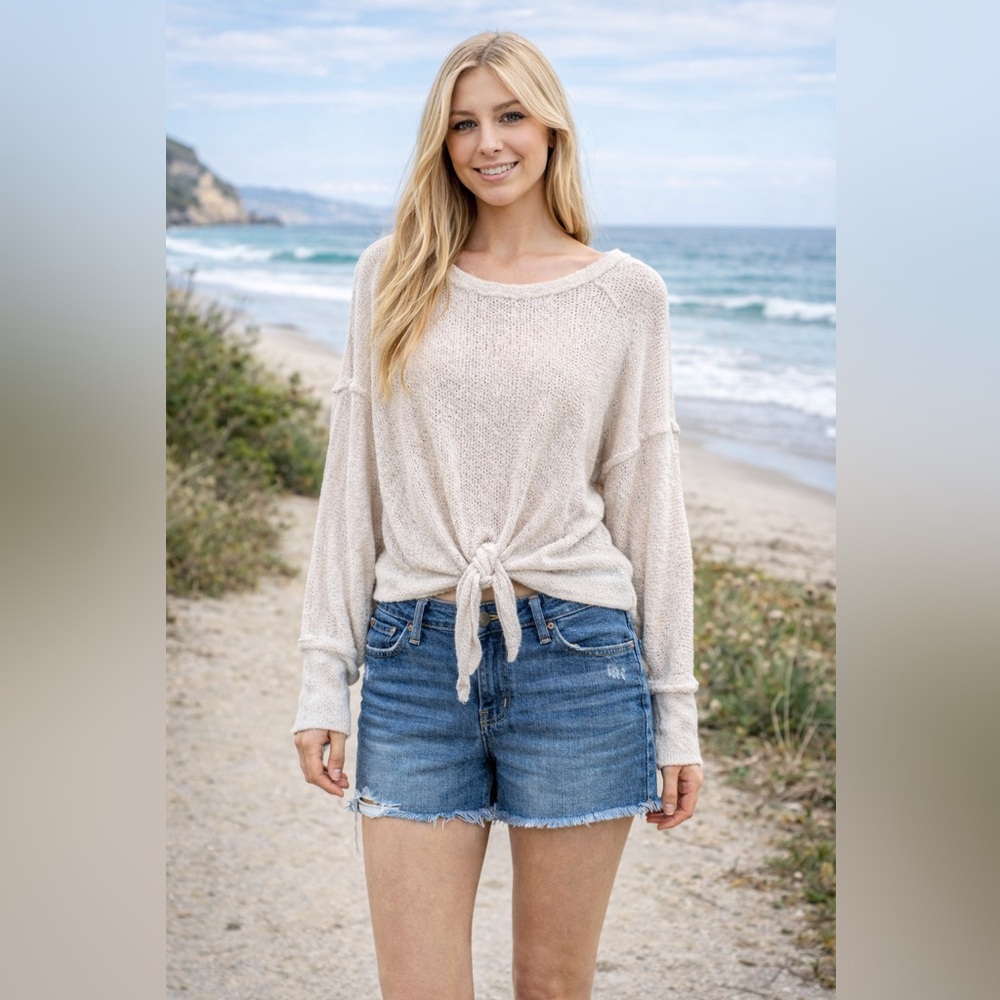 Free People Beach Ivory LS Cotton Knit Sweater Front Tie Exposed Seams Size M